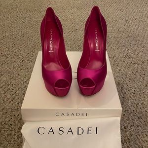 Casadei Magenta Platform Peep-Toe Stilettos with Box and Dust Bag